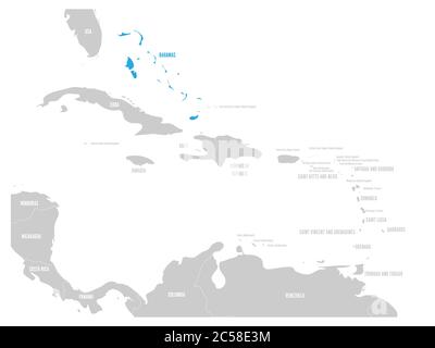 Bahamas blu segnato nella mappa dei Caraibi. Illustrazione vettoriale. Illustrazione Vettoriale