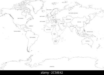 Mappa del mondo divisa in regioni. Mappa sottile con contorno nero. Semplice illustrazione vettoriale piatta. Illustrazione Vettoriale