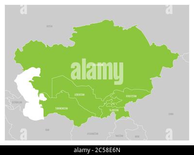 Mappa della regione dell'Asia centrale con il verde evidenziato Kazakistan, Kirghizistan, Tagikistan, Turkmenistan e Uzbekistan. Mappa grigia piatta con confini bianchi del paese. Illustrazione Vettoriale