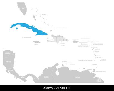 Cuba blu segnato nella mappa dei Caraibi. Illustrazione vettoriale. Illustrazione Vettoriale