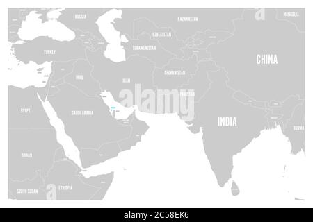 Blu Bahrein segnato nella mappa politica del Sud Asia e del Medio Oriente. Semplice mappa vettoriale piatta. Illustrazione Vettoriale