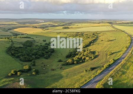 Vista aerea di mattina presto di South Downs da Ditchling Beacon Foto Stock