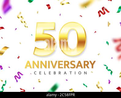 Festa del 50° anniversario. Numeri d'oro con confetti colorati. Tinsel colorato e serpentina. 50 anni di celebrazione giubilare. Sfondo festivo.vettore Illustrazione Vettoriale