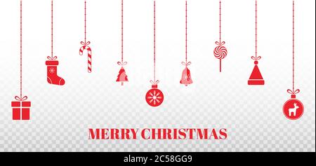 Ghirlande di Natale su sfondo trasparente. Design rosso brillante con giocattoli di natale appesi, scatola regalo, cappello di Santa, renna, vettore albero di Natale Illustrazione Vettoriale