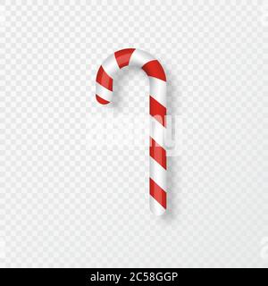 Canna da zucchero isolata su sfondo trasparente. Canne candita rossa e bianca. Elemento di design natalizio per biglietti d'auguri. Vettore Illustrazione Vettoriale