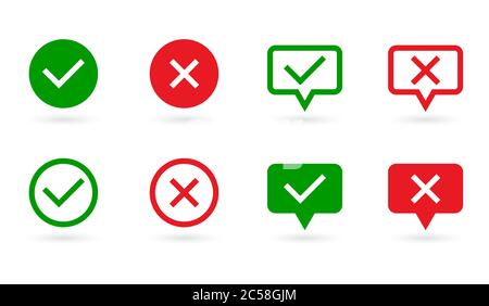 Set di segni di spunta. Segno di spunta verde e croce rossa nella bolla del parlato e forma circolare. Simbolo SÌ o NO. Concetto di lista di controllo, rifiuto o accettazione. Vettore Illustrazione Vettoriale