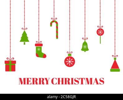 Allegro biglietto d'auguri natalizio con giocattoli di natale appesi, albero, scatole regalo, fiocchi di neve, palle di Natale, cappello di santa, campana, nastro, caramelle. Vettore Illustrazione Vettoriale