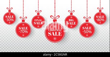 Set di etichette per la vendita di Natale. Palline rosse di Natale con segno offerta speciale, finale, grande vendita. Buon Natale e Capodanno cartellini vendita. Vettore vacanze Illustrazione Vettoriale