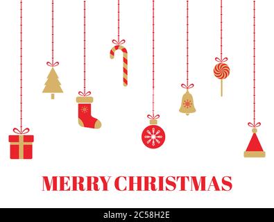 Allegro biglietto d'auguri natalizio con giocattoli di natale appesi, albero, scatole regalo, fiocchi di neve, palle di Natale cappello di santa, campana, candies nastro. Vettore Illustrazione Vettoriale