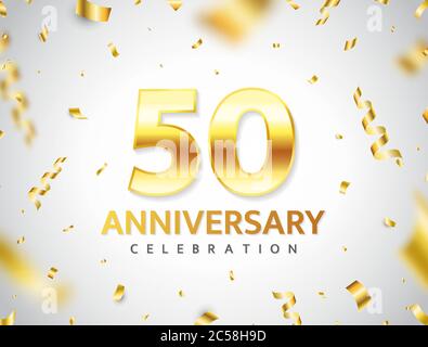 Festa del 50° anniversario. Numeri d'oro con confetti con glitter. Oro e serpentina. Sfondo festivo. Decorazioni luminose. Vettore Illustrazione Vettoriale
