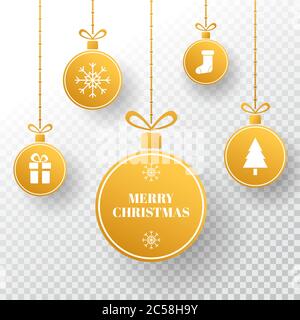 Natale oro bauble. Tag vacanza invernale. Palline dorate di Natale con albero di natale, presente, fiocchi di neve, nastro e calza. Carta anno nuovo. Vettore Illustrazione Vettoriale