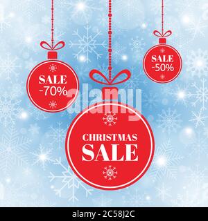 Buon Natale e vendita di palle di Capodanno. Palline rosse di Natale con segno vendita, offerta speciale. Banner vendita vacanze su sfondo blu con snow.Vector Illustrazione Vettoriale