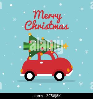 Auto Natale retro. Allegra cartolina di Natale con auto rossa, albero di Natale luminoso, fiocchi di neve. Design per le vacanze invernali. Illustrazione vettoriale. Illustrazione Vettoriale