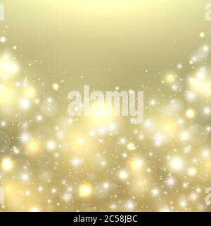 Sfondo oro di Natale. Nuovo anno luminoso sfondo. Design per le vacanze con stelle scintillante, fiocchi di neve, neve e bokeh. Illustrazione vettoriale. Illustrazione Vettoriale