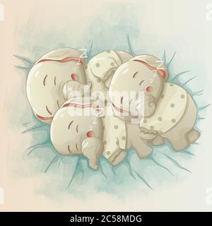 tre simpatici elefanti che dormono insieme. cartoni animati vettoriali disegnati a mano Illustrazione Vettoriale