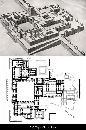 Palazzo di Sargon II di Assiria a Dur-Sharrukin, Khorsbad, Iraq, ricostruito da Charles Chipiez Foto Stock