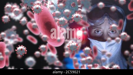 Covid-19 cellule contro scienziato indossare maschera facciale Foto Stock