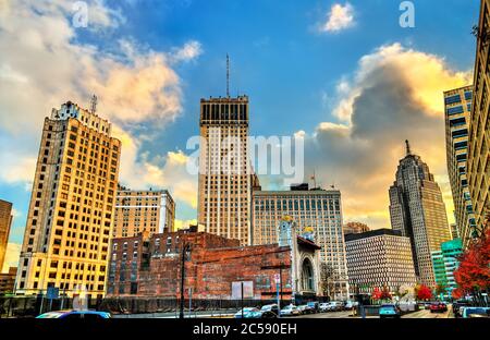 Edifici storici nel centro di Detroit, Michigan Foto Stock