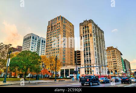 Edifici storici nel centro di Detroit, Michigan Foto Stock