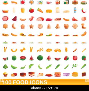 100 food set di icone. Cartoon illustrazione di 100 food icone set di vettore isolato su sfondo bianco Illustrazione Vettoriale