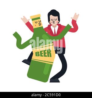 Birra amante Dancing. Ragazzo e bottiglia di birra. Rapporto romantico con l'alcol. Amore per l'alcol. Illustrazione 2 Illustrazione Vettoriale