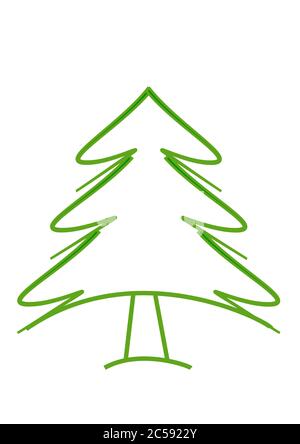 Albero di Natale di linee verdi ornate su sfondo bianco, come una decorazione o cartolina Foto Stock