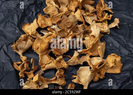 funghi secchi su carta nera sbriciolati. un mazzo di funghi secchi Foto Stock