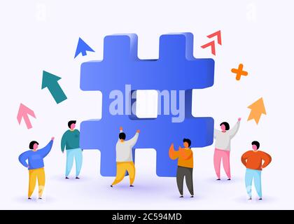 Simbolo hashtag. Concetto di hashtag per la pubblicità di social media marketing, blogging, pianificazione dei media, promozione in social network con gruppo di persone felici. Vettore Illustrazione Vettoriale
