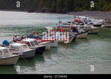 Barche ormeggiate nel porto di Clovelly, Devon del Nord, Inghilterra Foto Stock