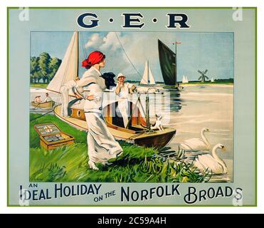 VINTAGE UK ARCHIVIO FERROVIARIO VACANZE POSTER di GER Great Eastern Railway ‘una vacanza ideale sul Norfolk Broads 1920 - originale vintage British GER Rail Railway bucolic viaggio pubblicità poster da J A maggio Foto Stock