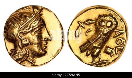 Il Greco antico moneta (riproduzione) Starter d'Oro di Atene da c296 BC. Retromarcia: Owl. Complementare: Testa di Athena Foto Stock