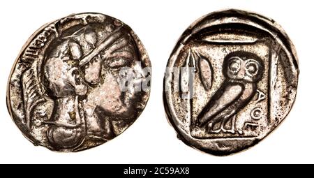 Il Greco antico moneta (riproduzione) Didrachm argento di Atene da c460 BC. Complementare; testa di Athena. La retromarcia; il gufo Foto Stock