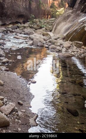 Le ripide scogliere di arenaria della Gola di Tugela si riflettono nel fiume Tugela nel Parco Nazionale reale Natal, Monti Drakensberg, Sudafrica Foto Stock