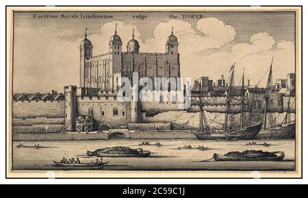 VINTAGE TOWER OF LONDON OLD inizio 17 ° secolo litografia illustrazione stampa archivio della Torre di Londra visto attraverso il Tamigi Londra 1600's Vaclav Hollar 1677 Foto Stock