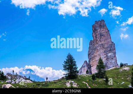 Italia, Veneto, Cortina d'Ampezzo, Dolomiti ampezzane, Patrimonio Mondiale dell'UNESCO, Passo Falzarego, aghi cinque Torri, famosa scuola di arrampicata Foto Stock