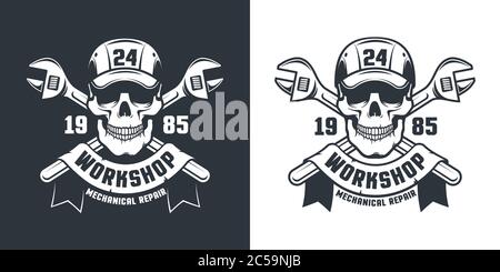 Skull Mechanic Worker - emblema retrò officina Illustrazione Vettoriale