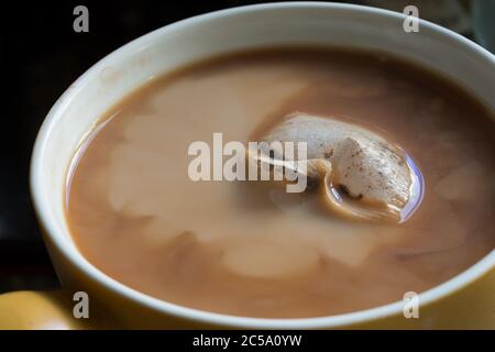 La scum del tè galleggia sulla superficie con il teabag causato da alti livelli di ioni calcio in acqua dura, anche le correnti di convezione nella pellicola di dispersione liquida Foto Stock