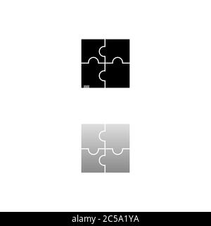 Puzzle. Simbolo nero su sfondo bianco. Illustrazione semplice. Icona vettore piatto. Specchia ombra di riflessione. Può essere utilizzato in logo, Web, dispositivi mobili e UI UX Illustrazione Vettoriale