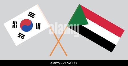Bandiere incrociate del Sudan e della Corea del Sud. Colori ufficiali. Proporzione corretta. Illustrazione vettoriale Illustrazione Vettoriale