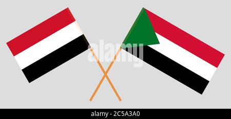 Bandiere incrociate di Sudan e Yemen. Colori ufficiali. Proporzione corretta. Illustrazione vettoriale Illustrazione Vettoriale