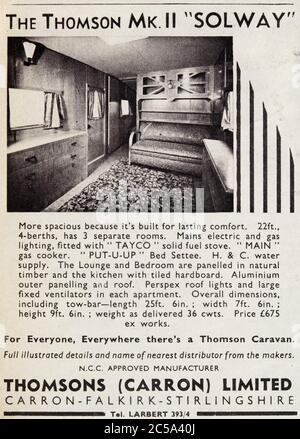 Pubblicità vintage per le roulotte britanniche Thomson Solway. Foto Stock