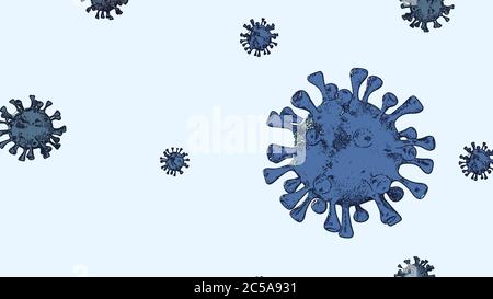 Corona Virus Banner Blue Cartoon isolato con sfondo a colori. Covid Microbiology e Virology Concept Covid-19. Banner virus. Malattia ed epidemia. Foto Stock