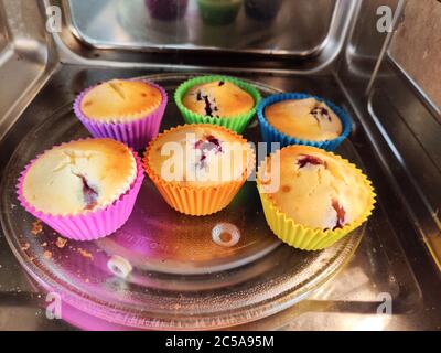 Muffin appena sfornati in casa in tazze colorate e collocati in un luminoso microonde Foto Stock