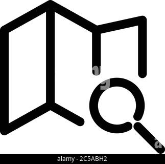 Mappa su carta pieghevole con icona a lente di ingrandimento. Simbolo di viaggio e pianificazione. Delineare elementi di design moderno. Semplice segno vettoriale nero piatto con angoli arrotondati. Illustrazione Vettoriale