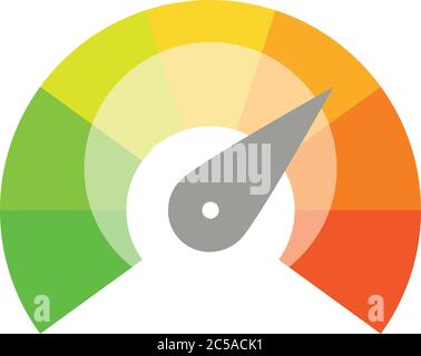 Scala di misurazione radiale da rosso a verde con puntatore a freccia. Indicatore di soddisfazione, temperatura, rischio, valore nominale, prestazioni e feedback o tachimetro di velocità. Illustrazione vettoriale. Illustrazione Vettoriale