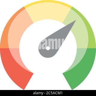 Scala di misurazione radiale da rosso a verde con puntatore a freccia. Indicatore di soddisfazione, temperatura, rischio, valore nominale, prestazioni e feedback o tachimetro di velocità. Illustrazione vettoriale. Illustrazione Vettoriale