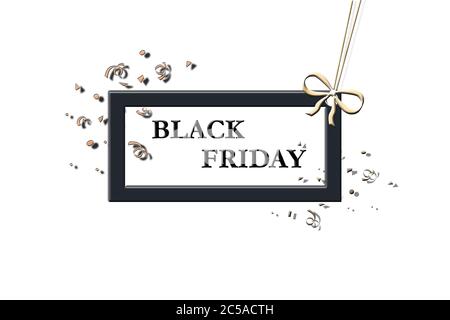 Black Friday prezzo vendita tag forma oro e nero cornice su sfondo bianco con arco e confetti. Poster, simulazione. Illustrazione 3D. Spazio di copia Foto Stock