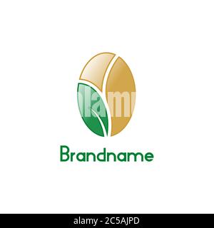 Logo naturale di caffè fagiolo, caffè in grani con design a foglia verde, isolato su sfondo bianco. Illustrazione Vettoriale