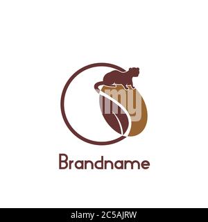 Il logo del caffè civet, un logo unico con il concetto di design civet sulla parte superiore dei chicchi di caffè, con coda circolare, isolato su sfondo bianco. Illustrazione Vettoriale