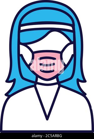 maschera medica da indossare femminile e schermo facciale linea e riempimento stile icona disegno vettoriale illustrazione Illustrazione Vettoriale